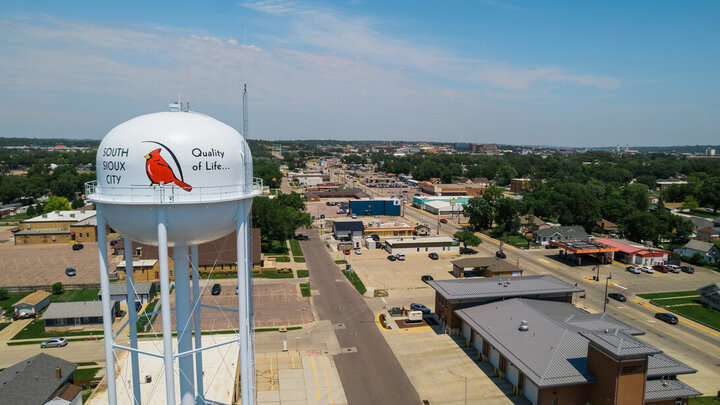 Arial picture of South Sioux, NE water tower and town